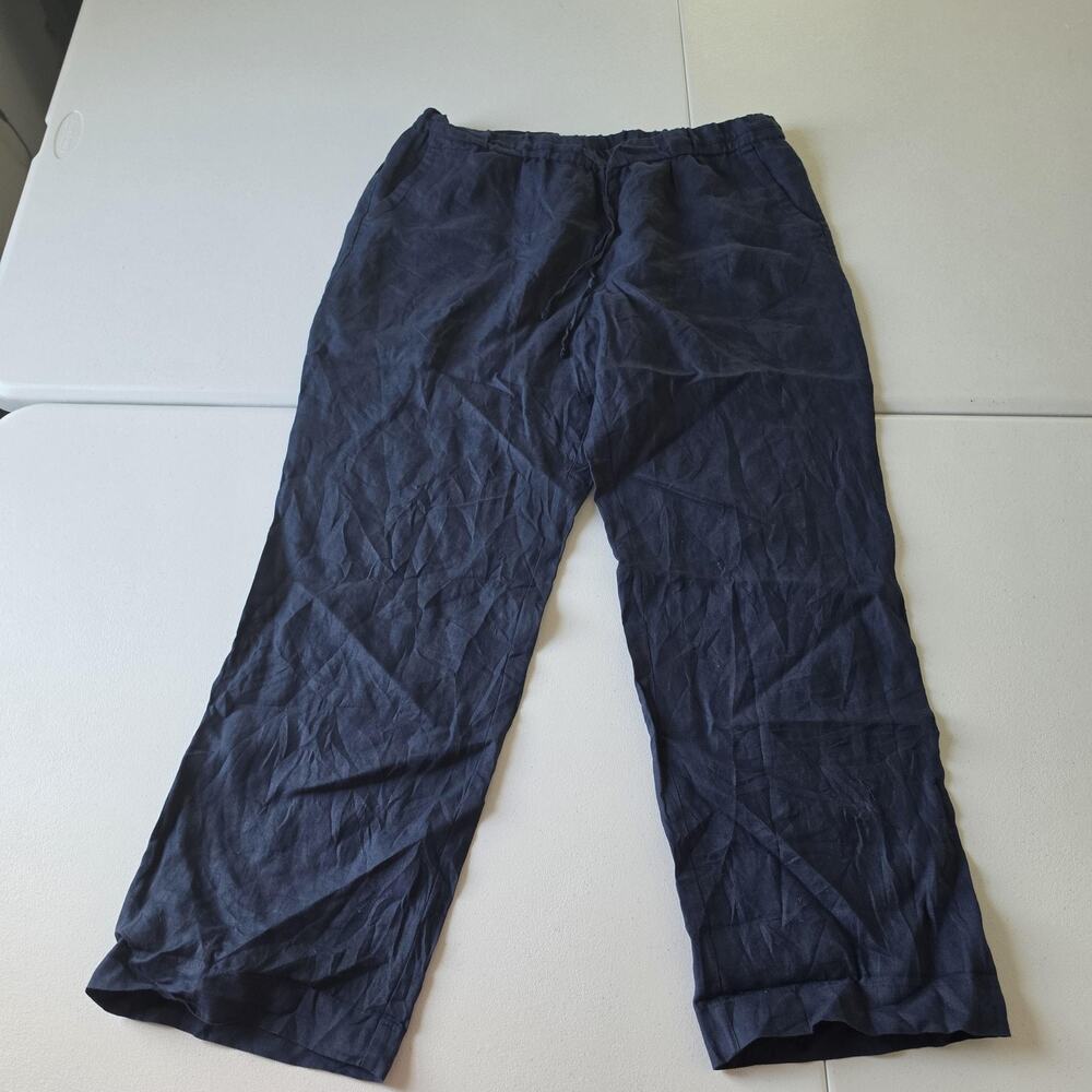 Charter Club Pants Womens 14 Blue Linen Straight Leg Drawstring Pockets Casual